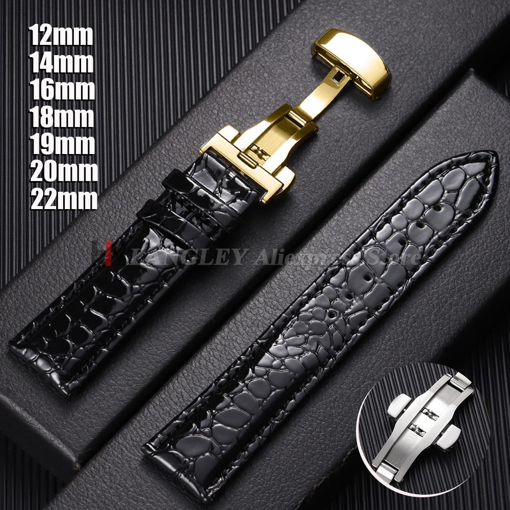 Butterfly Clasp Deployant - การออกแบบลายจระเข้หนังสายนาฬิกาหัวเข็มขัดผีเสื้อผู้ชายผู้หญิงธุรกิจสายนาฬิกา 12/14/16/18/19/20/22 มม.สีดำสีน้ำตาล